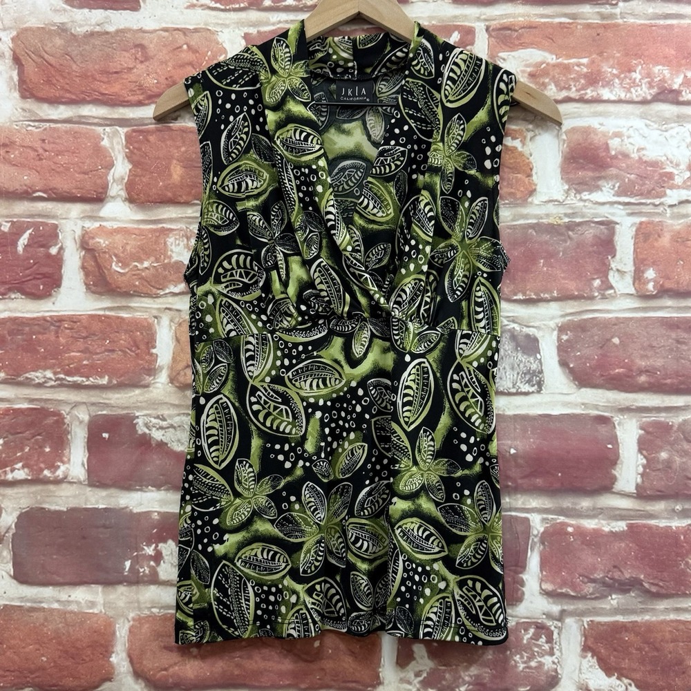JKLA California Top Women's Small Black Multicolor Boho Abstract Polka Dot Shirt